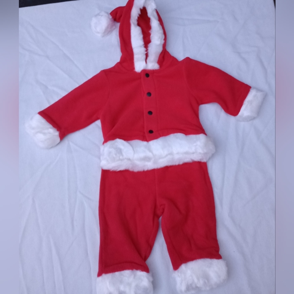Baby Santa Claus Two Piece Fleece Hooded Outfit Suit Festive Holiday Red White